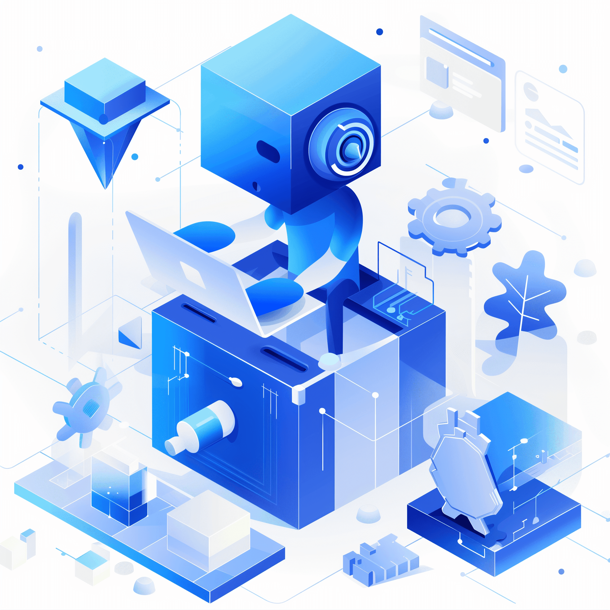 A blue-colored squared shaped engineer doing patent analysis using AI tool.